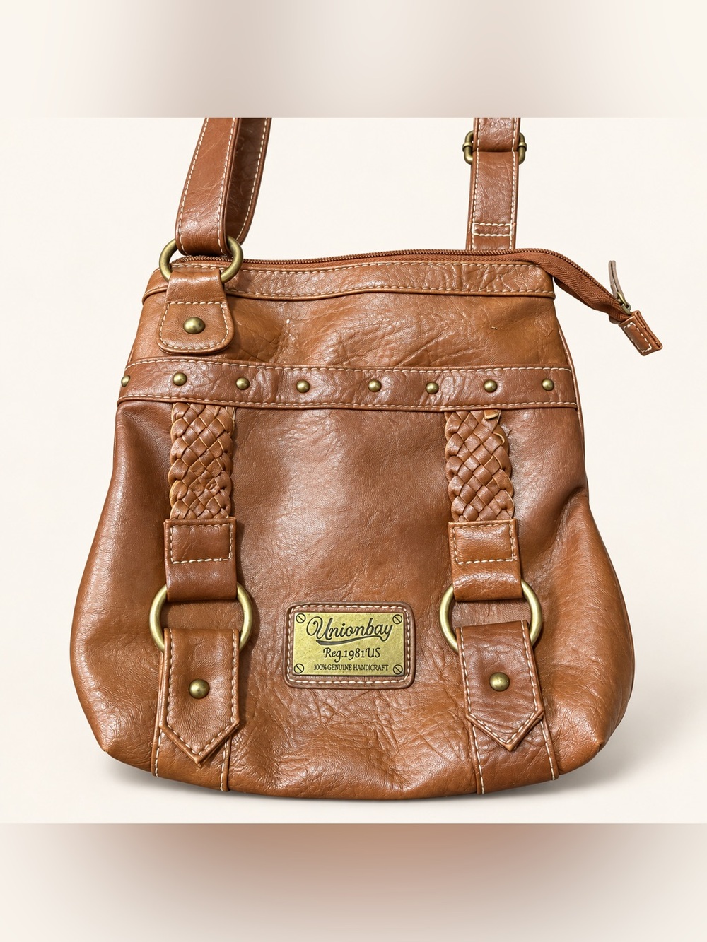 Unionbay Brown Leather Crossbody Bag Braided Studded Boho Purse